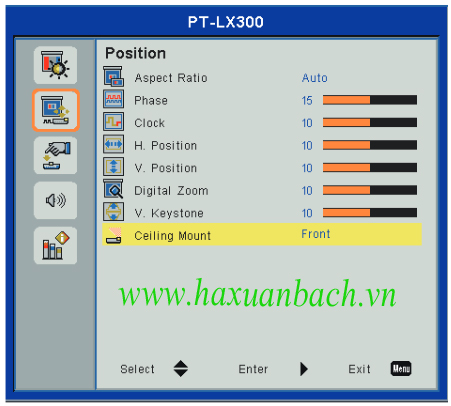 Cách chỉnh ngược hình ảnh cho máy chiếu Panasonic PT-LX270 | PT-LX300 khi treo trên trần nhà